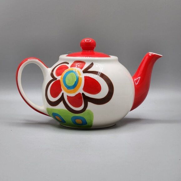 Hues N Brews Floral Teapot Red White Brown Retro 20 oz  MCM Color Coordinates - Picture 1 of 10